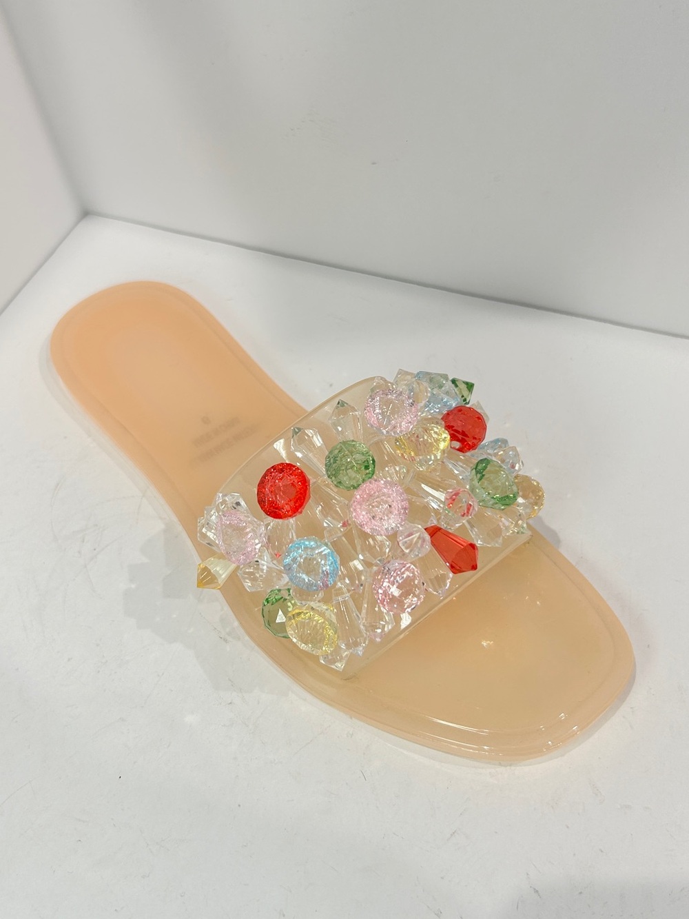 Women's Beige Jelly Slide Sandals with Multicolor Gem Accents